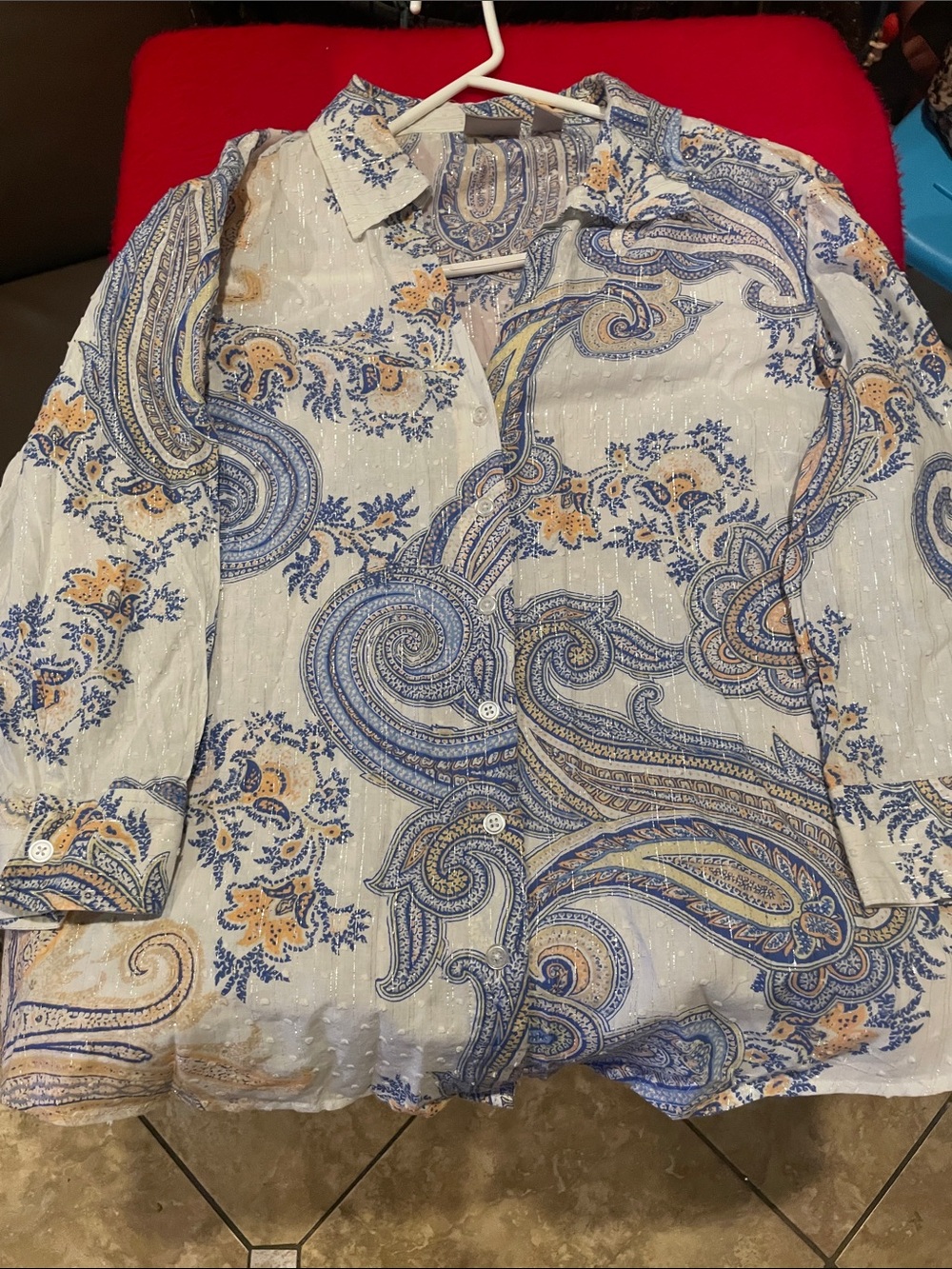Chico's White Button-Up Paisley Blouse - Blue & Tan
